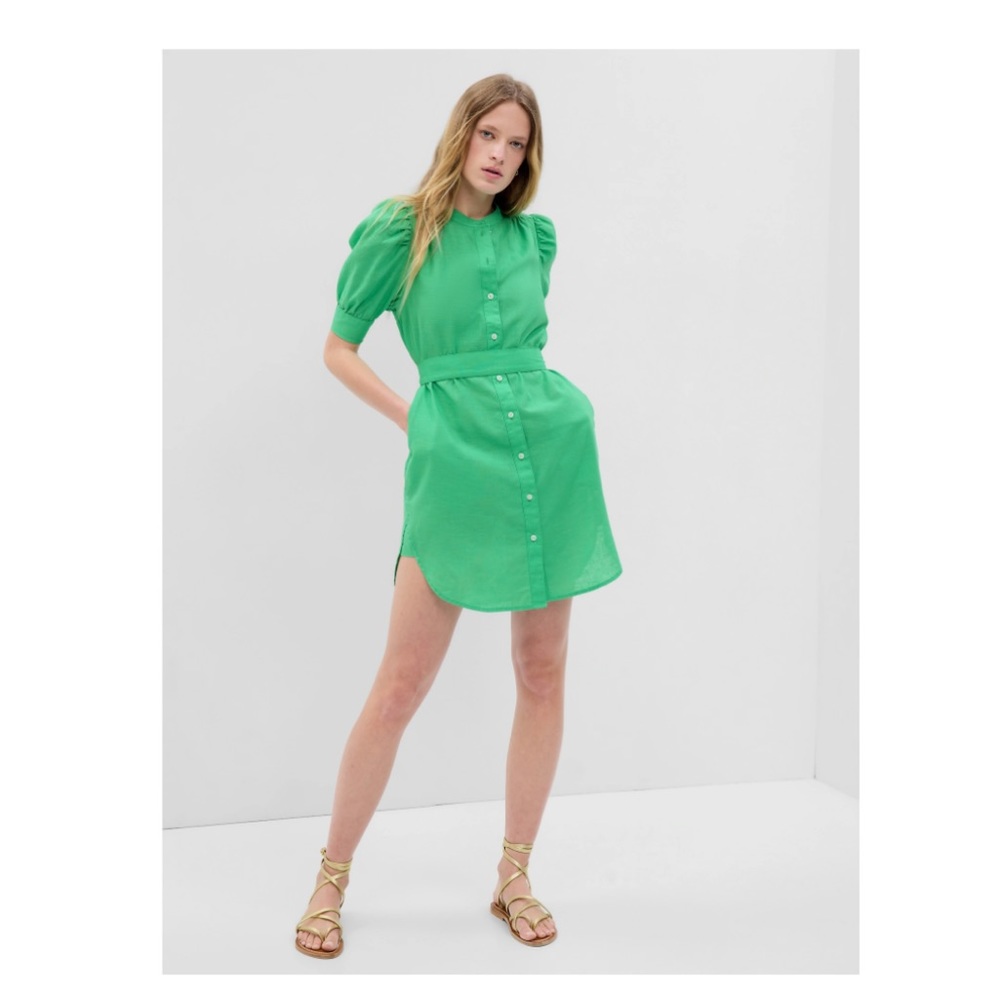 Puff sleeve linen-cotton green summer dress